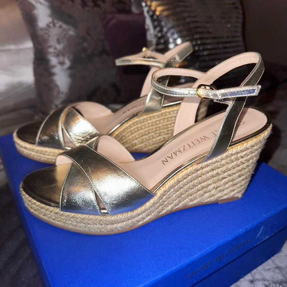 Stuart Weitzman Metallic Gold Wedge Sandals